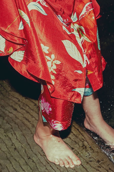 Label Earthen_Maroon Habutai Silk Floral Motifs Laal Phool Printed Kimono Kurta And Pant Set _at_Aza_Fashions