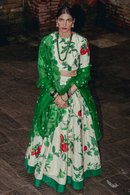 Shop_Label Earthen_Ivory Habutai , Organza Floral Motifs Round Ramri Print Lehnga Set _Online_at_Aza_Fashions