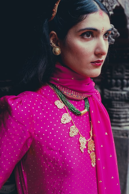 Shop_Label Earthen_Pink Chiffon, Silk, Georgette Foil Printing Rani Printed Kurta Sharara Set For Kids_Online_at_Aza_Fashions