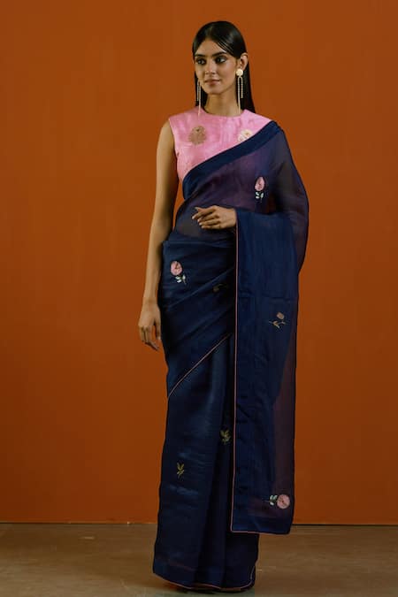 Label Earthen_Blue Brocade, Handwoven Organza Silk Floral Motifs Neel Gulab Saree With Blouse _Online_at_Aza_Fashions
