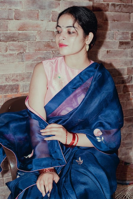 Shop_Label Earthen_Blue Brocade, Handwoven Organza Silk Floral Motifs Neel Gulab Saree With Blouse _Online_at_Aza_Fashions