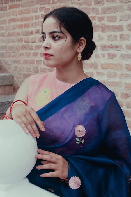 Label Earthen_Blue Brocade, Handwoven Organza Silk Floral Motifs Neel Gulab Saree With Blouse _at_Aza_Fashions