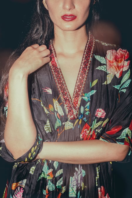 Shop_Label Earthen_Black Habutai Silk Floral Motifs V Neck Surmai Printed Kaftan _Online_at_Aza_Fashions