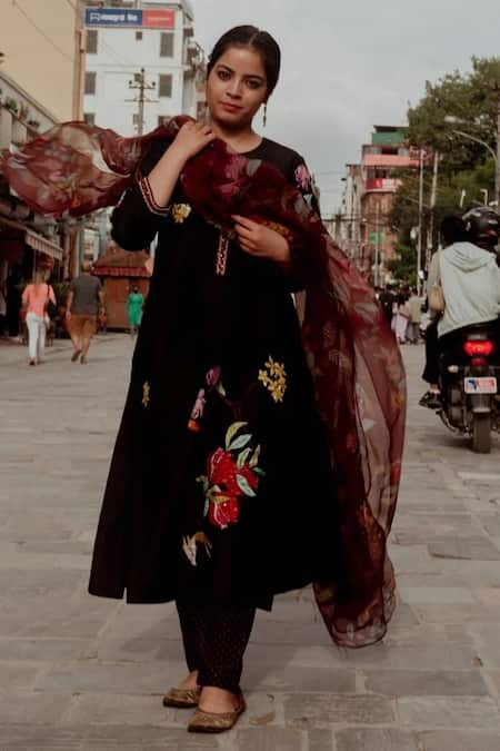 Shop_Label Earthen_Black Chiniya Silk Floral Motifs Round Surmai Embroidered Kurta Set _Online_at_Aza_Fashions