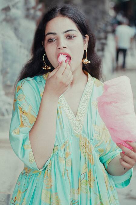 Label Earthen Sky Blue Habutai Silk Floral Motifs V Neck Aasmaani Jaal Kaftan Online at Aza Fashions Label Earthen_Sky Blue Habutai Silk Floral Motifs V Neck Aasmaani Jaal Kaftan _Online_at_Aza_Fashions