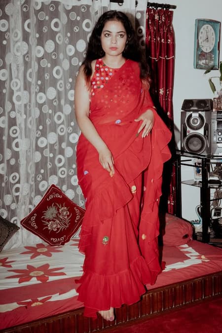 Label Earthen Floral Motif Red Chiffon Saree Set For Kids