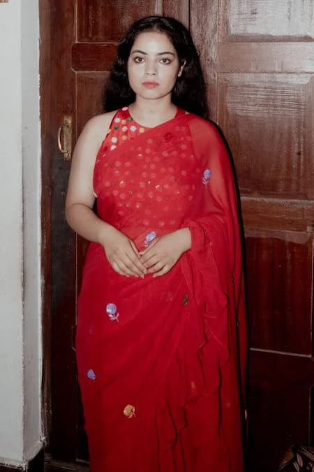 Label Earthen_Red Chiffon Embroidery Floral Motif Saree Set For Kids_Online_at_Aza_Fashions