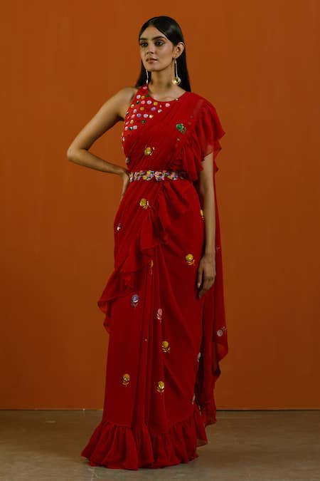 Buy_Label Earthen_Red Chiffon Embroidery Floral Motif Saree Set For Kids_Online_at_Aza_Fashions