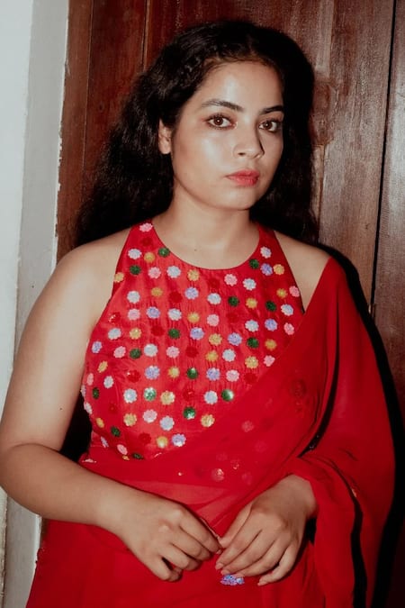 Shop_Label Earthen_Red Chiffon Embroidery Floral Motif Saree Set For Kids_Online_at_Aza_Fashions