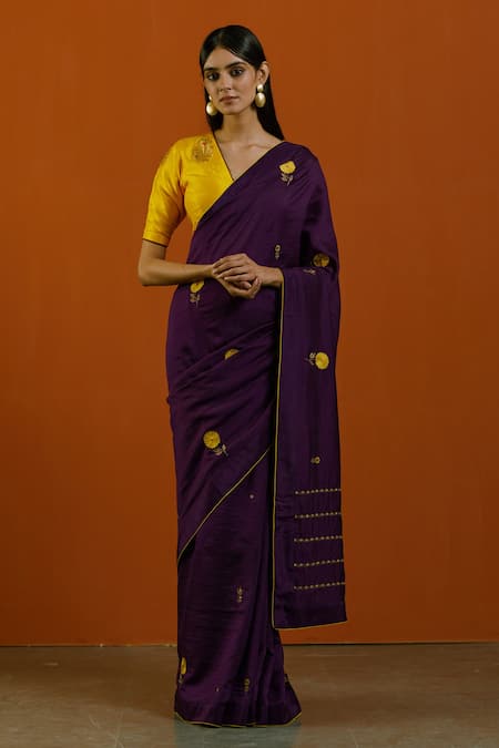 Label Earthen Hand Embroidered Floral Motif Saree & Blouse For Kids