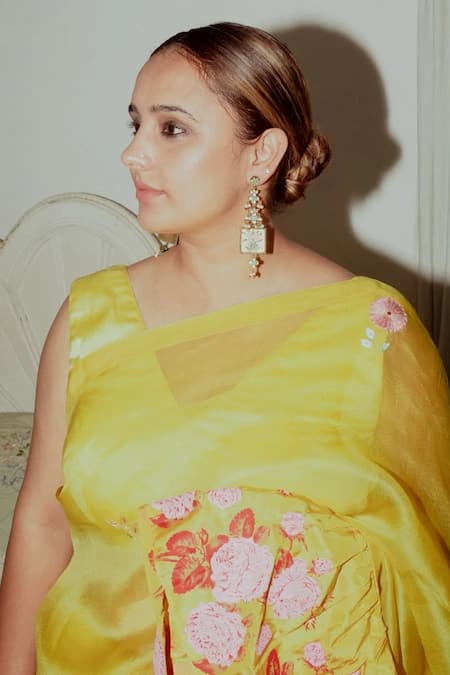 Buy_Label Earthen_Yellow Satin Silk, Habutai Silk, Handwoven Champai Gulab Saree With Blouse _Online_at_Aza_Fashions