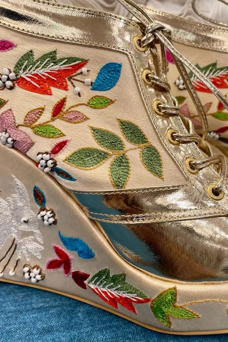 Shop Tiesta Gold Embroidered Sneaker Wedges Online at Aza Fashions Shop_Tiesta_Gold Embroidered Sneaker Wedges _Online_at_Aza_Fashions