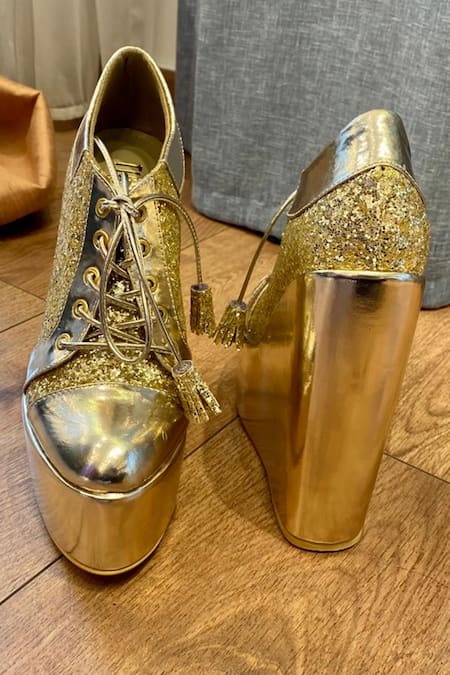 Buy_Tiesta_Gold Glitter Metallic Sneaker Wedges _Online_at_Aza_Fashions