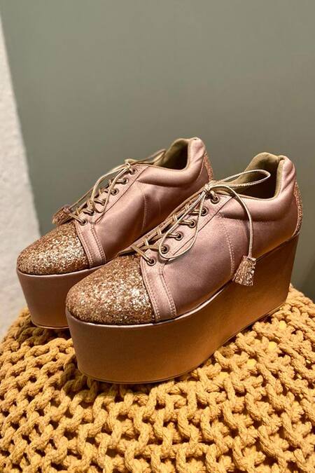 Tiesta_Gold Glitter Shimmer Sneaker Wedges _Online_at_Aza_Fashions