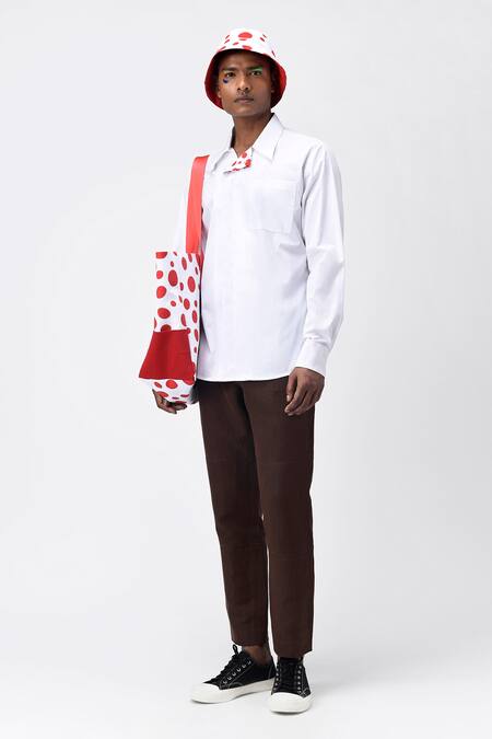 Genes Lecoanet Hemant_White Cotton Poplin Polka Dot Asymmetric Placket Shirt_Online_at_Aza_Fashions