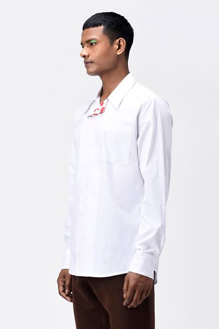 Buy_Genes Lecoanet Hemant_White Cotton Poplin Polka Dot Asymmetric Placket Shirt_Online_at_Aza_Fashions