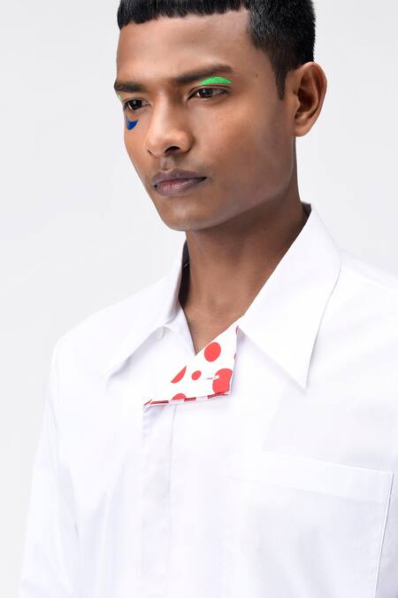 Shop_Genes Lecoanet Hemant_White Cotton Poplin Polka Dot Asymmetric Placket Shirt_Online_at_Aza_Fashions
