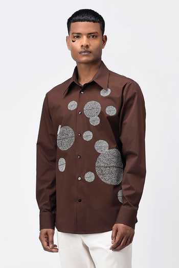 Buy Genes Lecoanet Hemant Brown Cotton Poplin Polka Dot Embroidered Shirt at Aza Fashions Buy_Genes Lecoanet Hemant_Brown Cotton Poplin Polka Dot Embroidered Shirt_at_Aza_Fashions