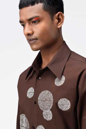 Shop Genes Lecoanet Hemant Brown Cotton Poplin Polka Dot Embroidered Shirt Online at Aza Fashions Shop_Genes Lecoanet Hemant_Brown Cotton Poplin Polka Dot Embroidered Shirt_Online_at_Aza_Fashions