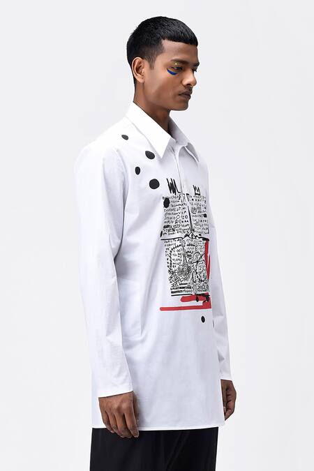 Genes Lecoanet Hemant White Cotton Poplin Printed Typography Paris To Delhi Kurta Online at Aza Fashions Genes Lecoanet Hemant_White Cotton Poplin Printed Typography Paris To Delhi Kurta _Online_at_Aza_Fashions