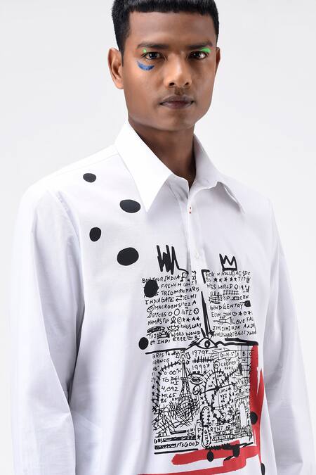 Shop Genes Lecoanet Hemant White Cotton Poplin Printed Typography Paris To Delhi Kurta Online at Aza Fashions Shop_Genes Lecoanet Hemant_White Cotton Poplin Printed Typography Paris To Delhi Kurta _Online_at_Aza_Fashions