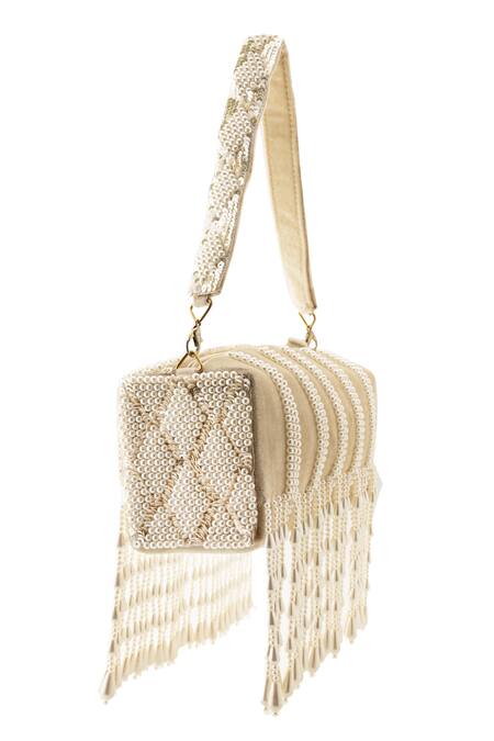 Quirky Tales_Off White Embroidery Evelyn Pearl Bag_Online_at_Aza_Fashions