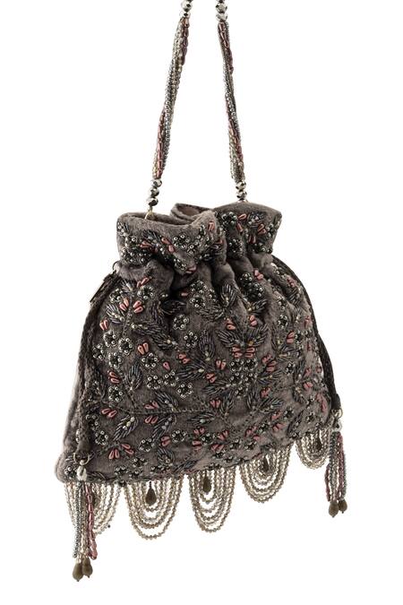 Buy Grey Embellished Ava Velvet Floral Potli Bag by Quirky Tales Online ...