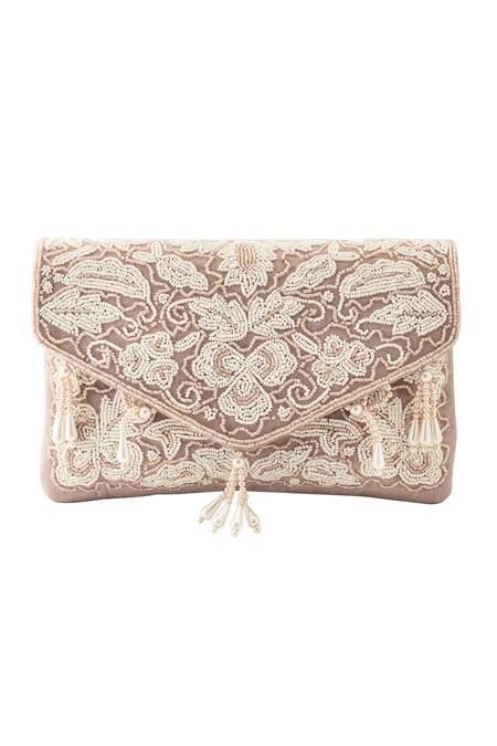 Shop_Quirky Tales_Pink Embellished Velvet Bead Clutch_Online_at_Aza_Fashions