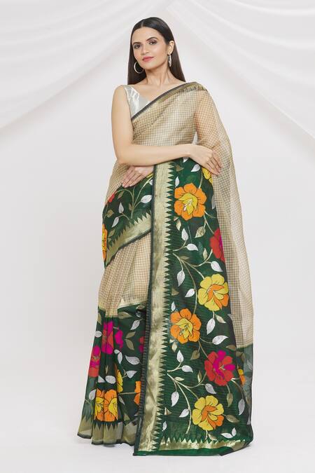 Resa By Ushnakmals Beige Kora Silk Checkered And Floral Handwoven Saree Online at Aza Fashions Resa By Ushnakmals_Beige Kora Silk Checkered And Floral Handwoven Saree_Online_at_Aza_Fashions