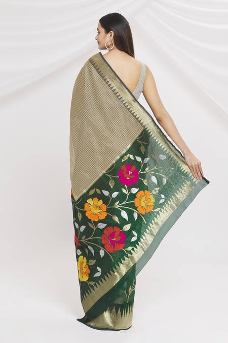 Shop Resa By Ushnakmals Beige Kora Silk Checkered And Floral Handwoven Saree at Aza Fashions Shop_Resa By Ushnakmals_Beige Kora Silk Checkered And Floral Handwoven Saree_at_Aza_Fashions