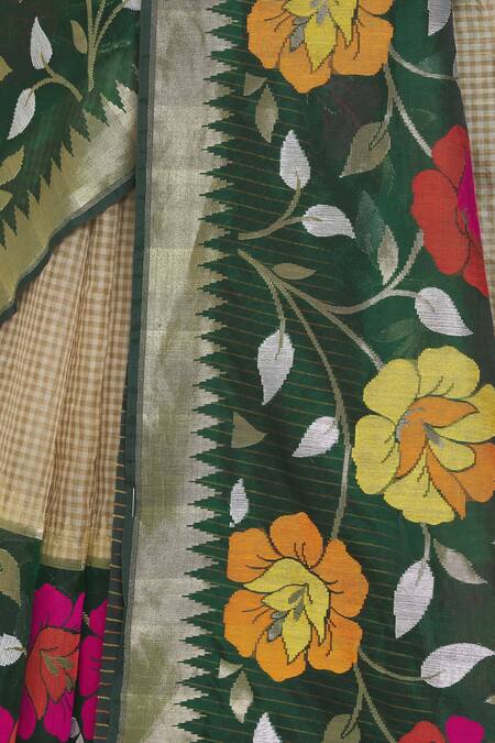 Shop Resa By Ushnakmals Beige Kora Silk Checkered And Floral Handwoven Saree Online at Aza Fashions Shop_Resa By Ushnakmals_Beige Kora Silk Checkered And Floral Handwoven Saree_Online_at_Aza_Fashions