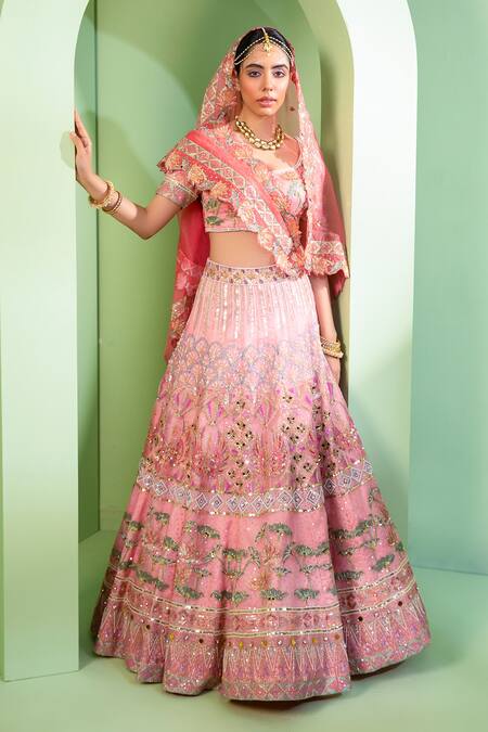 Laxmishriali Pink Organza Crystals, Sequins And Glass Beads Leaf Lotus Embroidered Lehenga Set Online at Aza Fashions Laxmishriali_Pink Organza Crystals, Sequins And Glass Beads Leaf Lotus Embroidered Lehenga Set _Online_at_Aza_Fashions