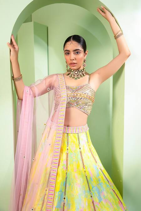House of Zyrra by Laxmishriali_Yellow Lehenga And Blouse Dupion Dupatta Net Lemonade Embroidered Set_Online_at_Aza_Fashions
