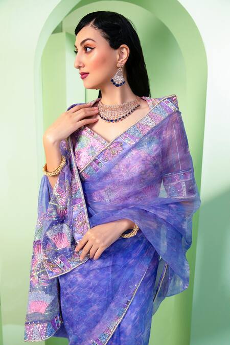 House of Zyrra by Laxmishriali_Blue Blouse Dupion Silk, Saree Organza Sequins, Beads Periwinkle With_Online_at_Aza_Fashions