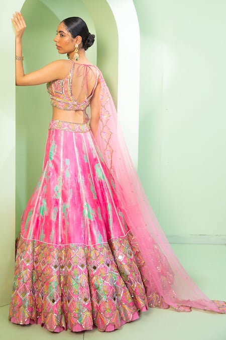 Pink and green strips half lehenga with blouse