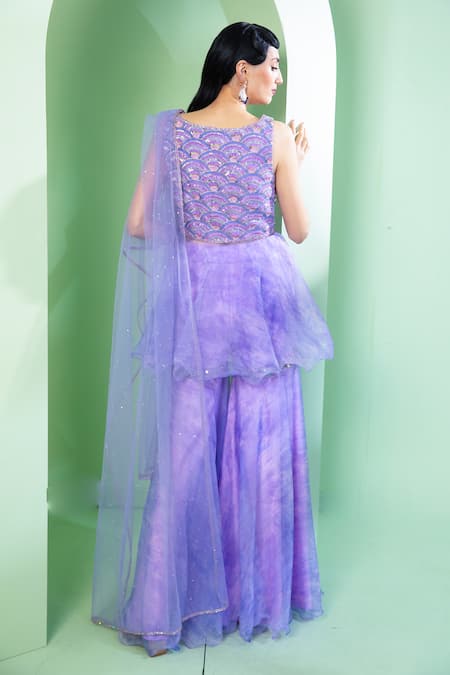 Shop Laxmishriali Purple Dupatta Net, Top And Lehenga Organza Embroidered Kurta Sharara Set at Aza Fashions Shop_Laxmishriali_Purple Dupatta Net, Top And Lehenga Organza Embroidered Kurta Sharara Set _at_Aza_Fashions