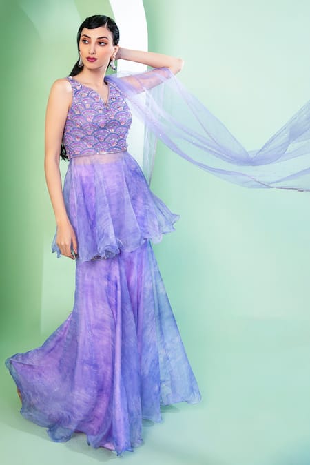 Laxmishriali Purple Dupatta Net, Top And Lehenga Organza Embroidered Kurta Sharara Set Online at Aza Fashions Laxmishriali_Purple Dupatta Net, Top And Lehenga Organza Embroidered Kurta Sharara Set _Online_at_Aza_Fashions