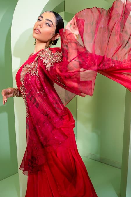 Shop Laxmishriali Red Blouse Dupion Silk, Saree Organza Geometric Pre-draped Ruffle With at Aza Fashions Shop_Laxmishriali_Red Blouse Dupion Silk, Saree Organza Geometric Pre-draped Ruffle With _at_Aza_Fashions