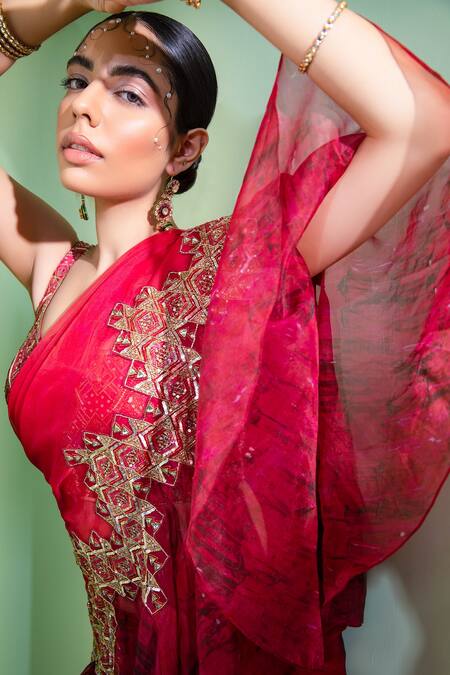 Laxmishriali Red Blouse Dupion Silk, Saree Organza Geometric Pre-draped Ruffle With Online at Aza Fashions Laxmishriali_Red Blouse Dupion Silk, Saree Organza Geometric Pre-draped Ruffle With _Online_at_Aza_Fashions