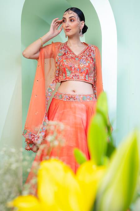 Laxmishriali_Coral Organza V Neck Embroidered Cape Lehenga Set _Online_at_Aza_Fashions