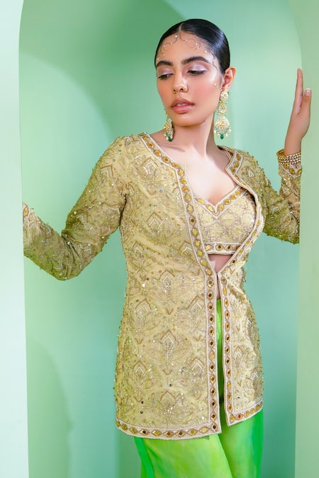Shop Laxmishriali Gold Organza Floral Crop Top Sweetheart Neck, Embroidered And Flared Pant Set at Aza Fashions Shop_Laxmishriali_Gold Organza Floral Crop Top Sweetheart Neck, Embroidered And Flared Pant Set _at_Aza_Fashions