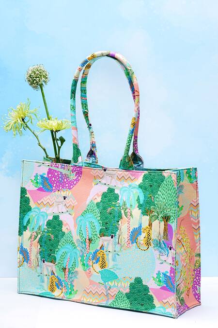 Shop Payal Singhal Accessories Peach Print Kuno Canvas Tote Bag at Aza Fashions Shop_Payal Singhal Accessories_Peach Print Kuno Canvas Tote Bag_at_Aza_Fashions
