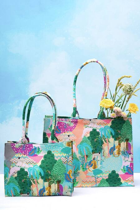 Shop Payal Singhal Accessories Grey Kuno Print Canvas Tote Bag at Aza Fashions Shop_Payal Singhal Accessories_Grey Kuno Print Canvas Tote Bag_at_Aza_Fashions