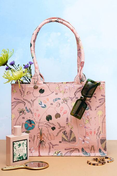 Shop Payal Singhal Accessories Peach Print Forest Canvas Tote Bag at Aza Fashions Shop_Payal Singhal Accessories_Peach Print Forest Canvas Tote Bag_at_Aza_Fashions