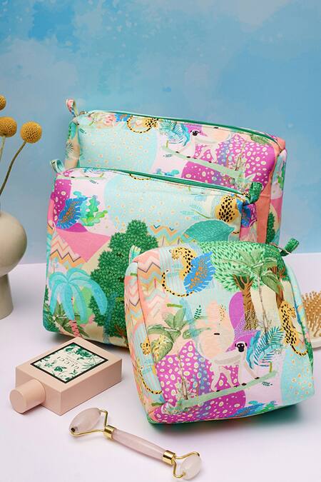 Shop_Payal Singhal Accessories_Peach Print Kuno Vanity Kit Set Of 3 _at_Aza_Fashions