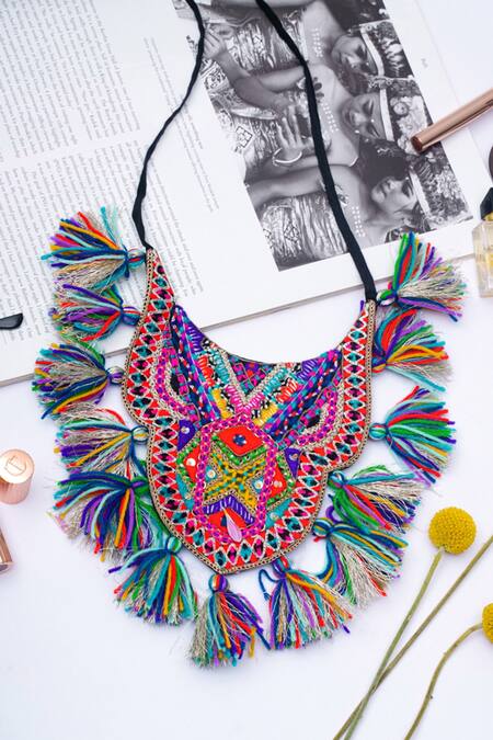 Shop Payal Singhal Accessories Multi Color Amritsar Tassel Embroidered Necklace at Aza Fashions Shop_Payal Singhal Accessories_Multi Color Amritsar Tassel Embroidered Necklace_at_Aza_Fashions
