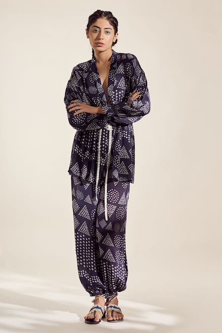 Buy Amka Blue Crepe Azo Free Sustainable Ink Dye Rome Bandhej Print Tunic And Pant Set Online at Aza Fashions Buy_Amka_Blue Crepe Azo Free Sustainable Ink Dye Rome Bandhej Print Tunic And Pant Set _Online_at_Aza_Fashions