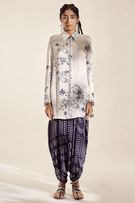 Amka White Crepe And Satin Silk Azo Free Sustainable Ink Barfi Tunic & Draped Pant Set