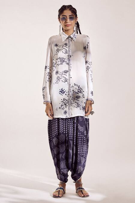 Amka_White Crepe And Satin Silk Azo Free Sustainable Ink Barfi Tunic & Draped Pant Set _Online_at_Aza_Fashions