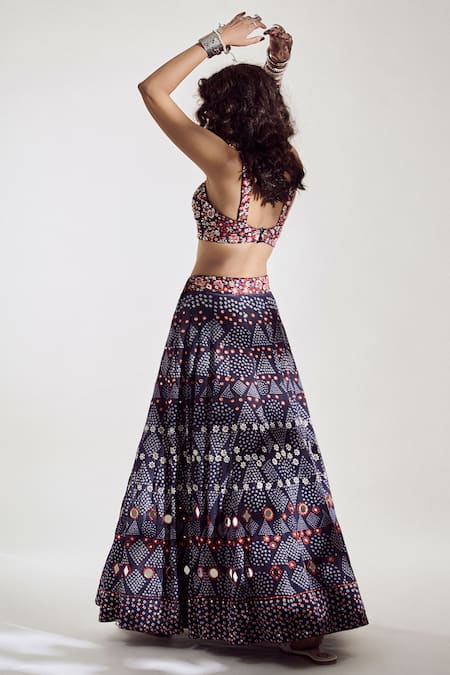 Shop Amka Blue Crepe Mirror , Zari Sweetheart Neck Nargis Embroidered Lehenga Set at Aza Fashions Shop_Amka_Blue Crepe Mirror , Zari Sweetheart Neck Nargis Embroidered Lehenga Set _at_Aza_Fashions